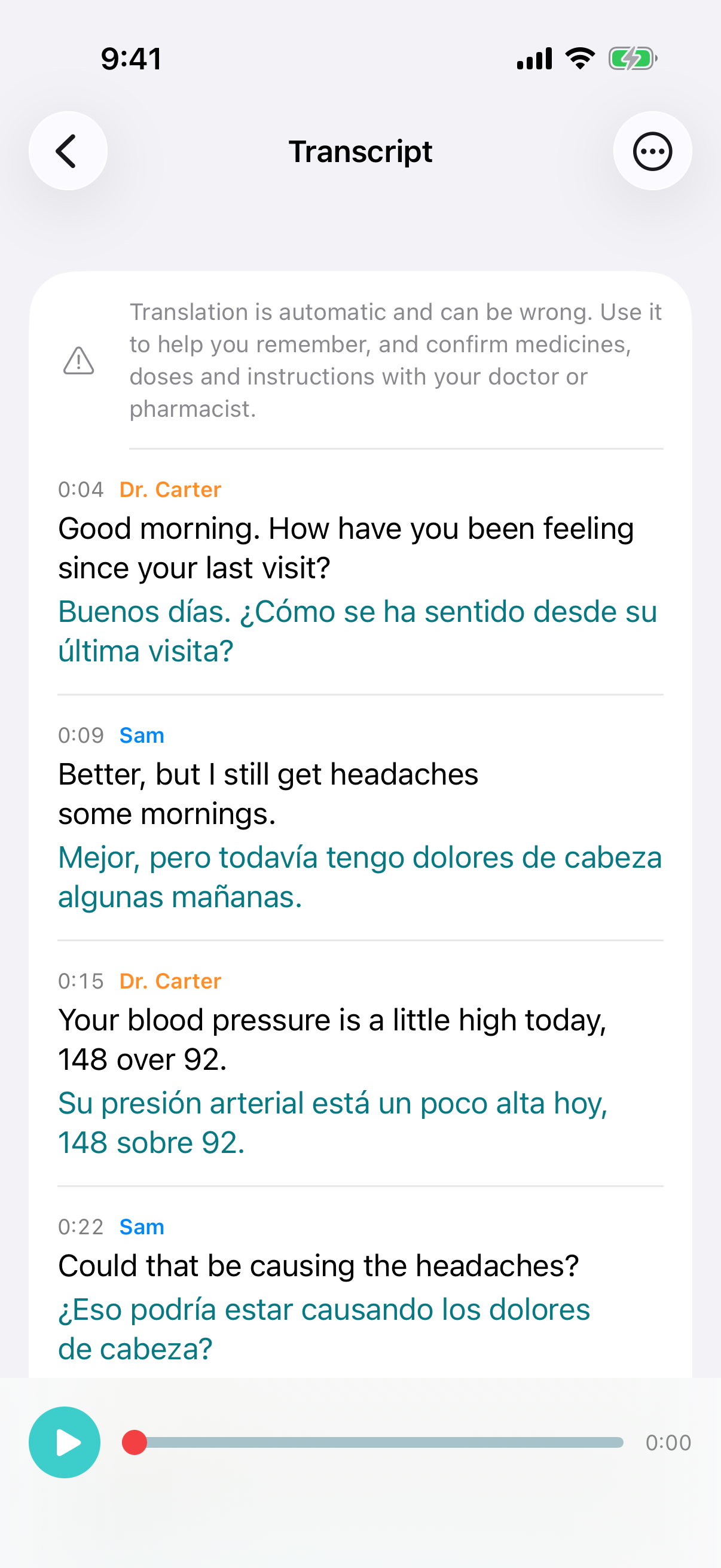 WellHeard on iPhone showing the transcript of a doctor's visit, each line labelled Dr. Carter or Sam, with a Spanish translation under it.